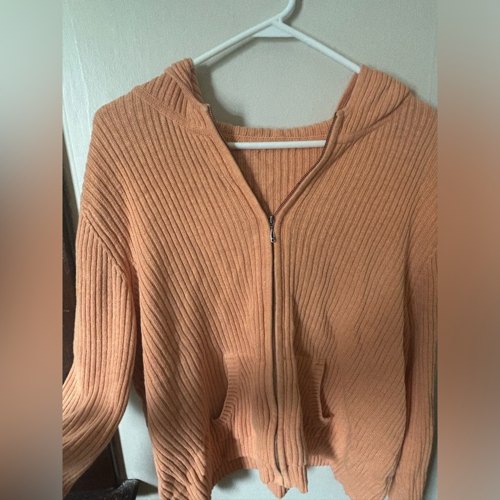 Orange Rib-Knit Cropped Zip-Up Hoodie